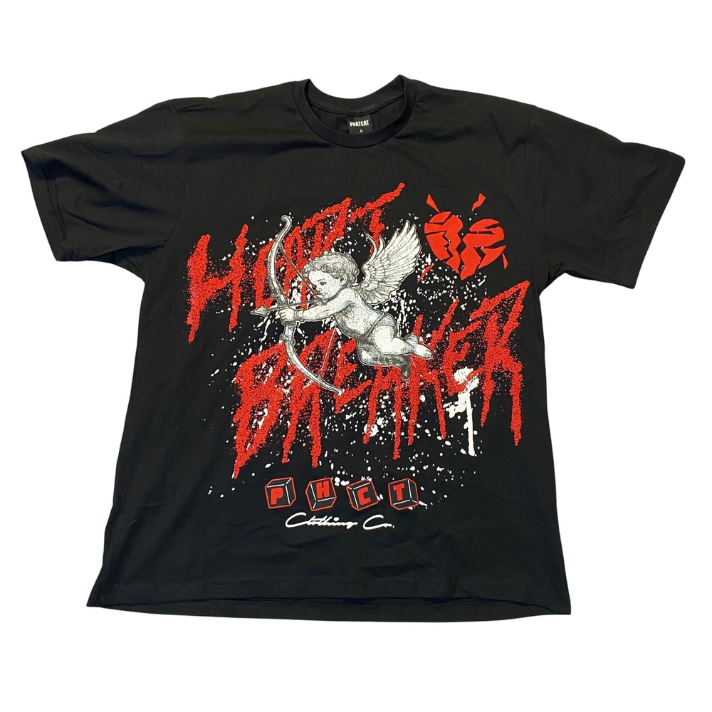 Phatcat Clothing Co Mens Heart Breaker Free Love Puff Print Graphic T-Shirt Blac